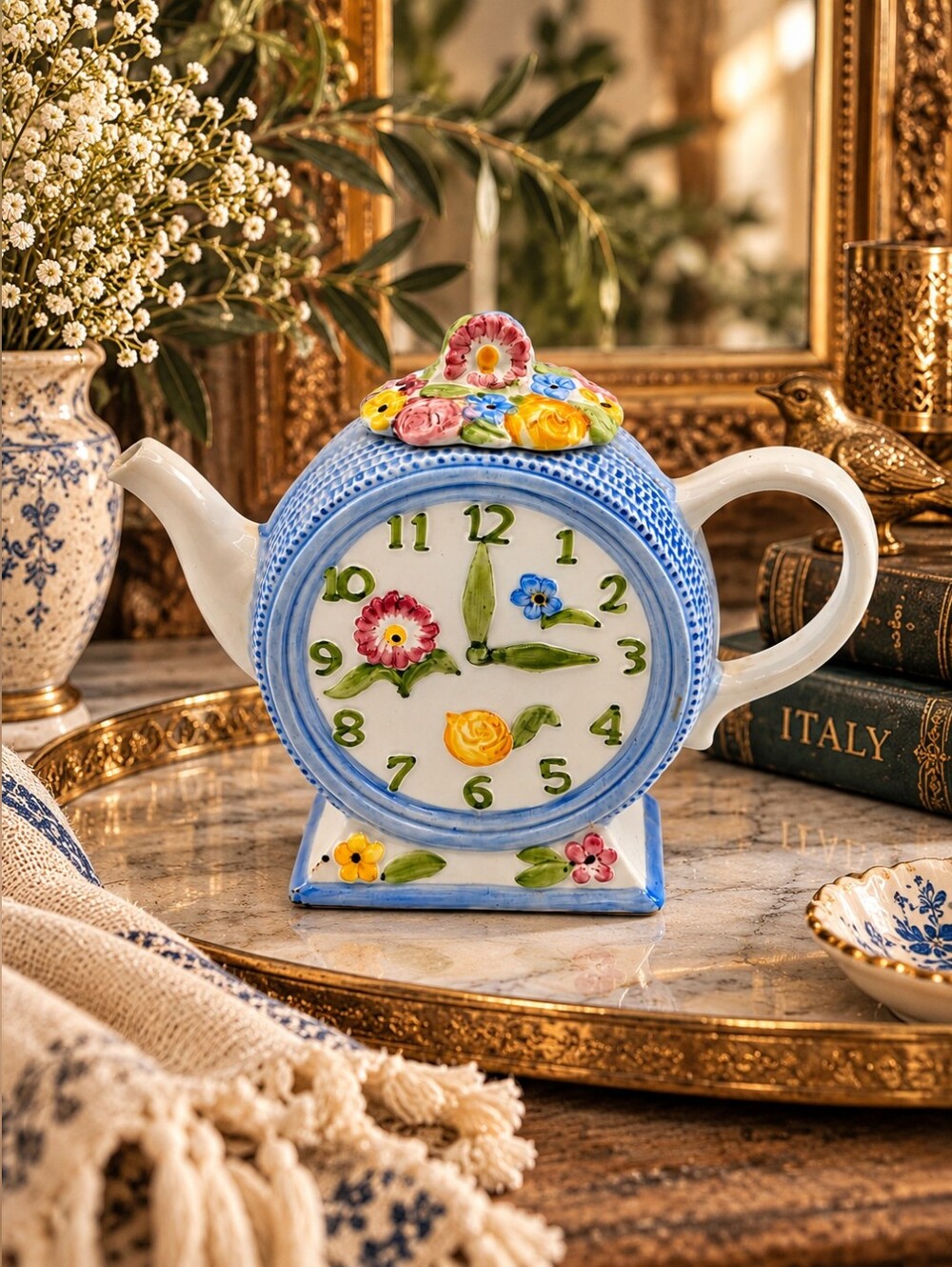 Vintage Made in Italy Floral Clock Teapot Blue White Ceramic Novelty Tea Pot